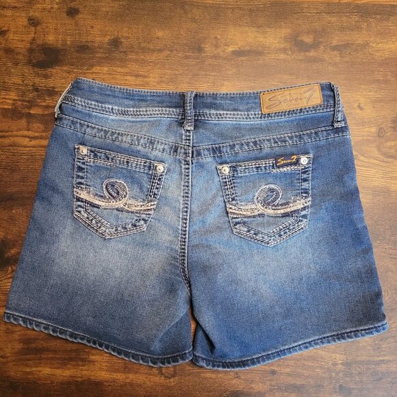 Seven7 Jean Shorts Size 4 Low Rise Thick Stitch Medium Light Wash Stretch - Picture 2 of 10